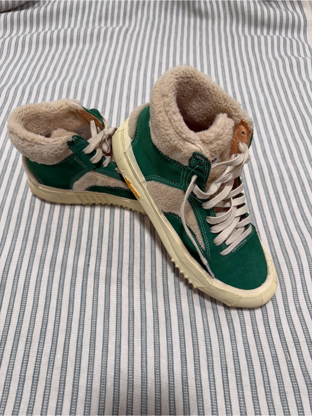 Vibram Green and Cream Lace-Up Shearling-Trim Boots